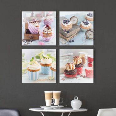 Quadro in vetro - Vintage Cupcakes with topping - 4 parti set