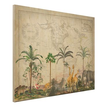 Stampa su legno - Vintage Collage - Wildlife sulla mappa del mondo - Orizzontale 3:4