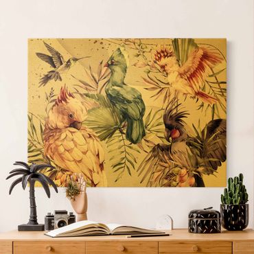 Quadro su tela oro - Uccelli tropicali - Cacatua colorati e colibri