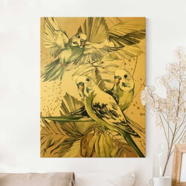 Quadro su tela oro - Uccelli tropicali - Parrocchetti ondulati verdi