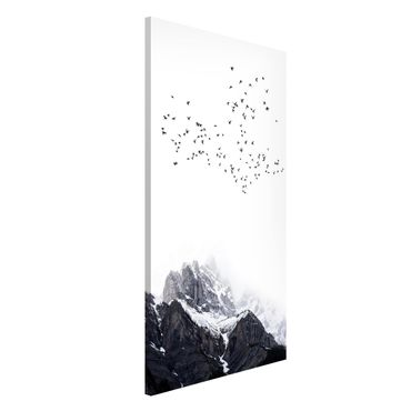 Lavagna magnetica - Stormo di uccelli davanti a montagne bianco e nero