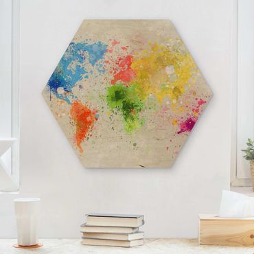 Esagono in legno - Colorful schizzi Mappa del mondo