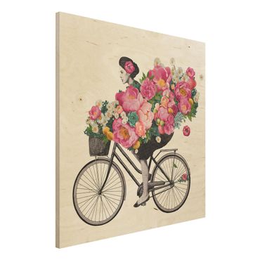 Stampa su legno - Illustrazione Donna in bicicletta Collage fiori variopinti - Quadrato 1:1