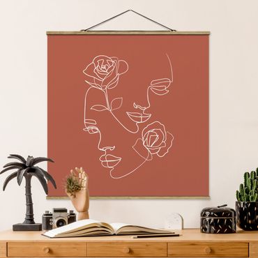 Quadro su tessuto con stecche per poster - Line Art Faces donne Roses rame - Quadrato 1:1