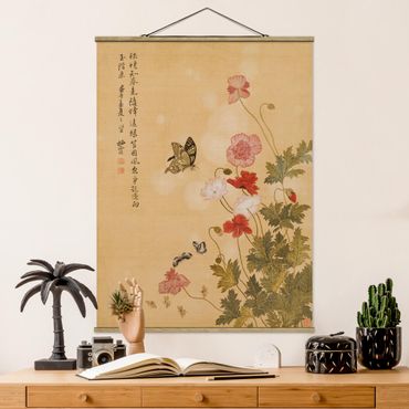 Foto su tessuto da parete con bastone - Yuanyu Ma - Papaveri e farfalle - Verticale 4:3