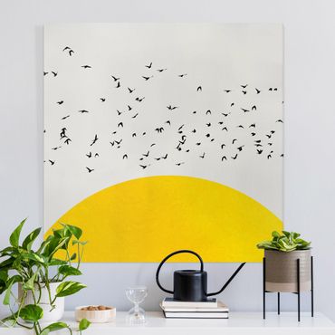 Stampa su tela - Stormo di uccelli davanti al sole dorato - Quadrato 1:1