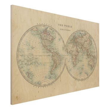 Stampa su legno - Mappa del mondo Vintage i due emisferi - Orizzontale 2:3