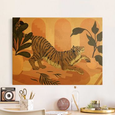 Quadro su tela oro - Illustrazione pittorica di tigre in pastello rosa