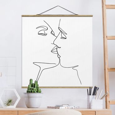 Quadro su tessuto con stecche per poster - Line Art bacio Faces Bianco e nero - Quadrato 1:1