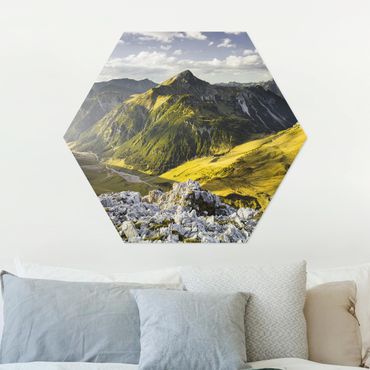 Esagono in Alluminio Dibond - Montagne e valle delle Alpi Lechtal in Tirolo
