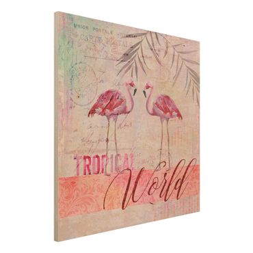 Stampa su legno - Vintage Collage - Tropical World Flamingos - Quadrato 1:1