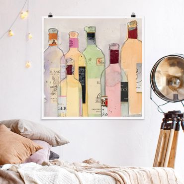 Poster - Bottiglie di vino in acquerello I - Quadrato 1:1