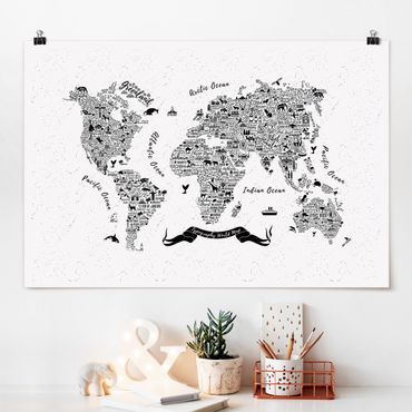Poster - Tipografia Bianco mappa del mondo - Orizzontale 2:3