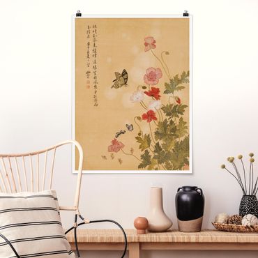 Poster - Yuanyu Ma - Papaveri e farfalle - Verticale 4:3
