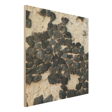 Stampa su legno - Muro con pietre nere - Quadrato 1:1