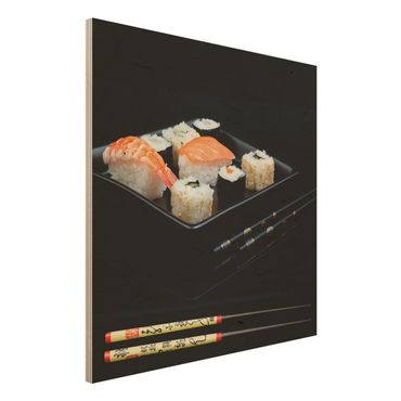 Stampa su legno - Sushi piatto con le bacchette nero - Quadrato 1:1