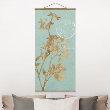 Quadro su tessuto con stecche per poster - Foglie d'oro su Turquoise I - Verticale 2:1