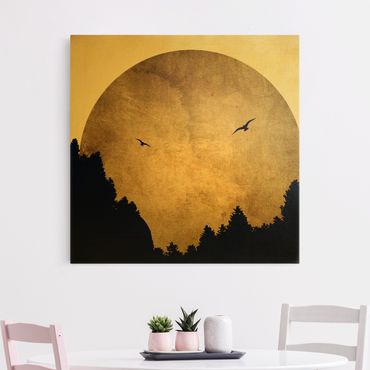 Quadro su tela oro - Luna dorata nella foresta