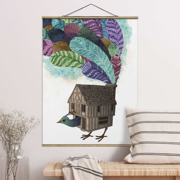 Foto su tessuto da parete con bastone - Laura Graves - Illustrazione Bird House con le piume - Verticale 4:3