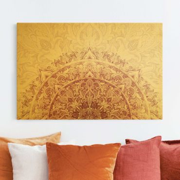Quadro su tela oro - Semicerchio mandala con ornamenti in acquerello rosso