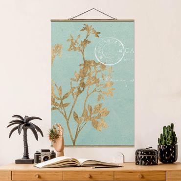 Foto su tessuto da parete con bastone - Foglie d'oro su Turquoise I - Verticale 3:2