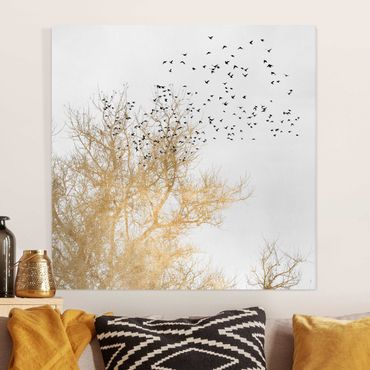 Stampa su tela - Stormo di uccelli davanti ad un albero dorato - Quadrato 1:1
