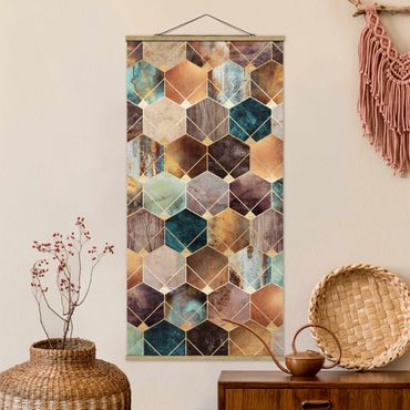 Quadro su tessuto con stecche per poster - Elisabeth Fredriksson - Turquoise Geometria Golden Art Deco - Verticale 2:1