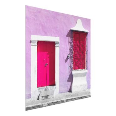 Quadro in vetro - Pink façade Pink Door - Quadrato 1:1