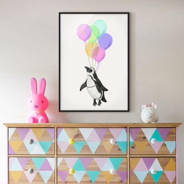 Poster con cornice - Illustrazione Penguin pastello Palloncini - Verticale 4:3