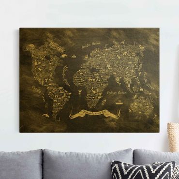 Quadro su tela oro - Planisfero con tipografia in gesso
