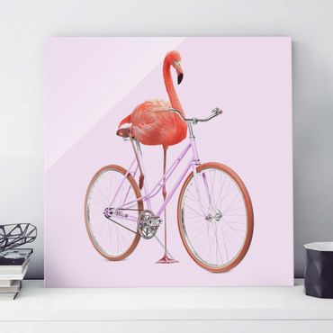Quadro in vetro - Flamingo con la bicicletta - Quadrato 1:1