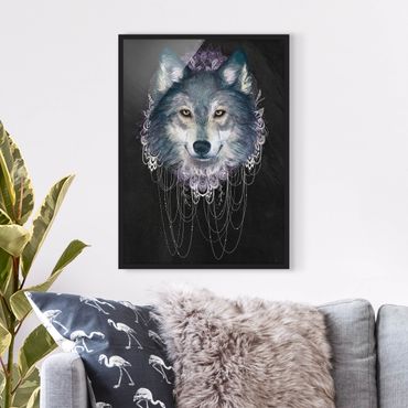 Poster con cornice - Illustrazione del lupo Boho Dreamcatcher nero - Verticale 4:3