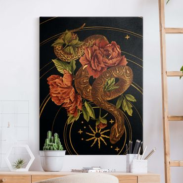 Quadro su tela oro - Serpente con rose in nero e oro III