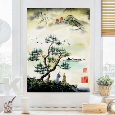 Quadro in vetro - Giapponese disegno ad acquerello di pino e Mountain Village - Verticale 4:3