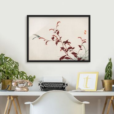 Poster con cornice - Asian Vintage Disegno Red Branch con libellula - Orizzontale 3:4