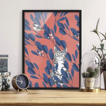 Poster con cornice - Illustrazione Gatto E uccello sul ramo Blu Rosso - Verticale 4:3