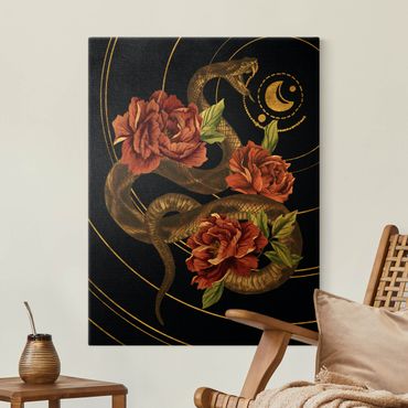 Quadro su tela oro - Serpente con rose in nero e oro II