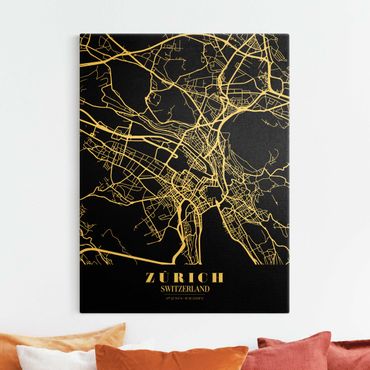 Quadro su tela oro - Pianta della città Zurigo - Classico nero
