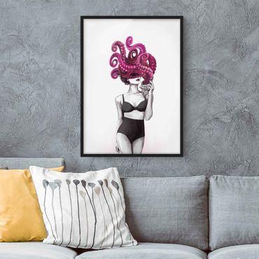 Poster con cornice - Illustrazione Donna In Biancheria Intima Bianco e nero Octopus - Verticale 4:3