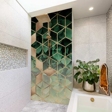 Rivestimento per doccia - Foglie verdi in geometria dorata