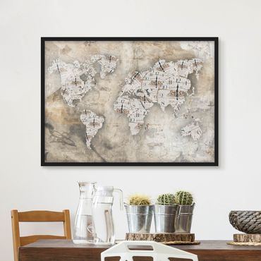 Poster con cornice - Shabby Watches World Map - Orizzontale 3:4