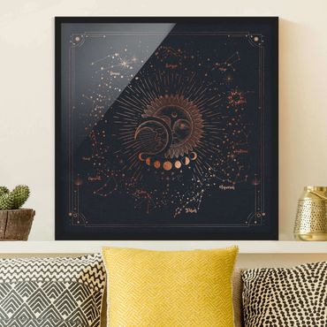 Poster con cornice - Astrologia Sun Moon And Stars Blue Gold - Quadrato 1:1