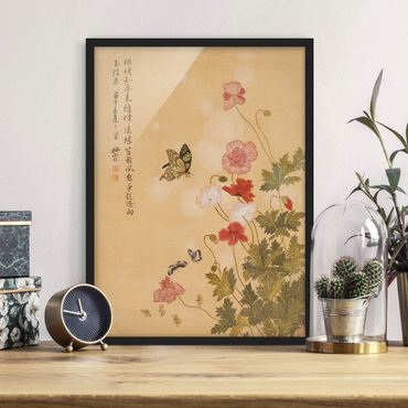 Poster con cornice - Yuanyu Ma - Papaveri e farfalle - Verticale 4:3