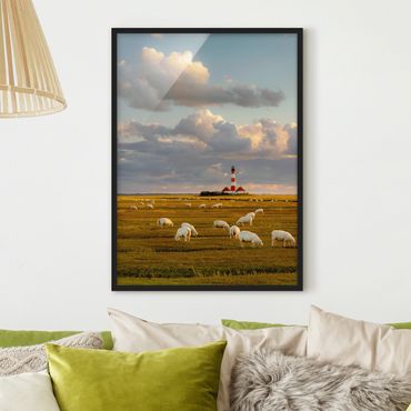 Poster con cornice - North Sea Lighthouse With Sheep Herd - Verticale 4:3