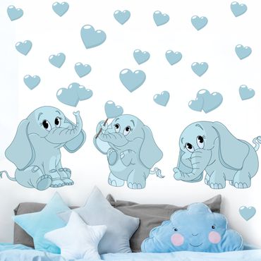 Adesivo murale - Tre bambini di elefante blu con cuori