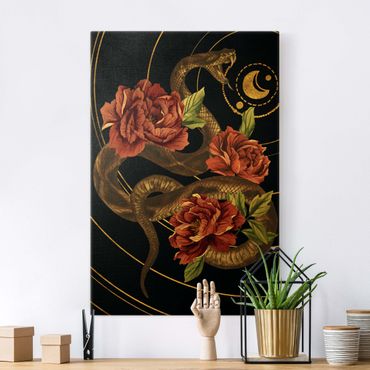 Quadro su tela oro - Serpente con rose in nero e oro II