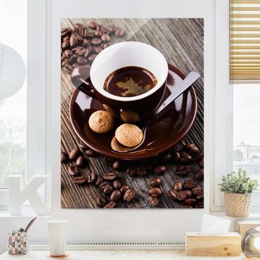 Quadro in vetro - Fagioli della tazza di caffè con il caffè - Verticale 4:3