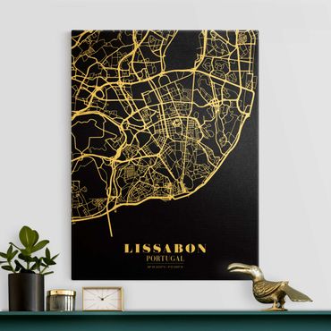 Quadro su tela oro - Pianta della città Lisbona - Classico nero