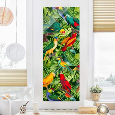 Quadro in vetro - Colorato collage - Parrot In The Jungle - Pannello