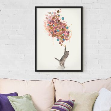 Poster con cornice - Illustrazione del gatto con farfalle colorate Pittura - Verticale 4:3